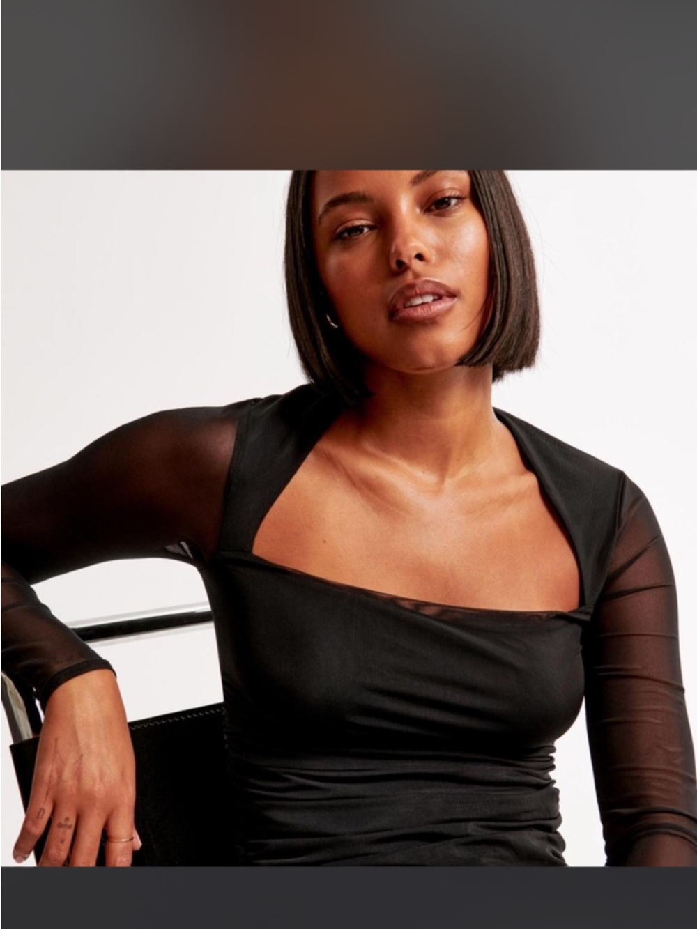 Abercrombie & Fitch Black Square Neck Long Sleeve Mesh Top